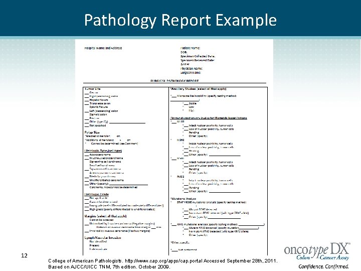 Pathology Report Example 12 College of American Pathologists. http: //www. cap. org/apps/cap. portal Accessed