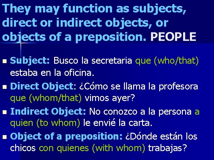 They may function as subjects, direct or indirect objects, or objects of a preposition.