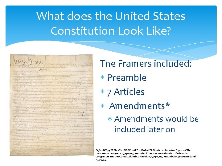 What does the United States Constitution Look Like? The Framers included: Preamble 7 Articles