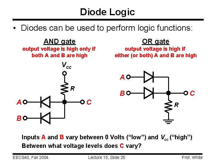Diode Logic • Diodes can be used to perform logic functions: AND gate OR