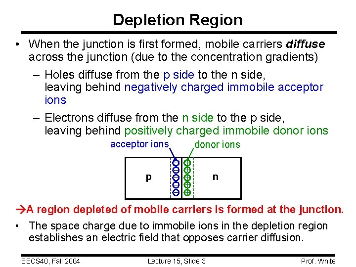 Depletion Region • When the junction is first formed, mobile carriers diffuse across the