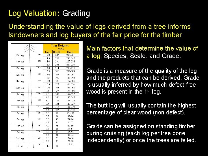 Log Valuation: Grading Understanding the value of logs derived from a tree informs landowners