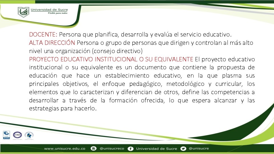 DOCENTE: Persona que planifica, desarrolla y evalúa el servicio educativo. ALTA DIRECCIÓN Persona o