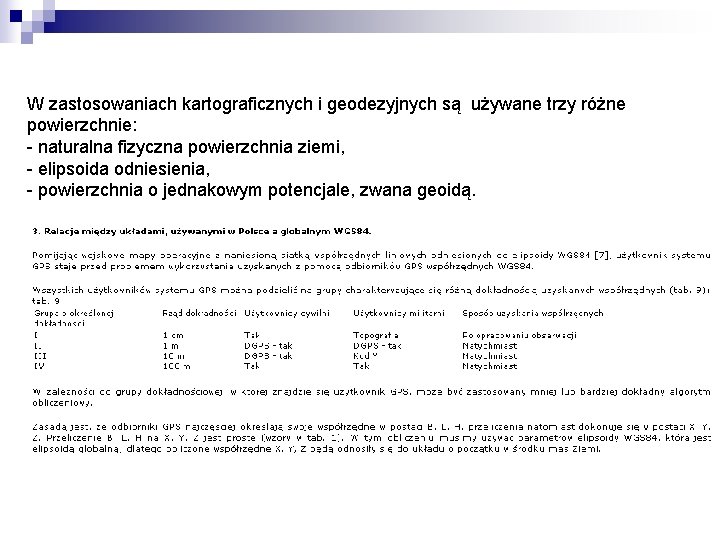 W zastosowaniach kartograficznych i geodezyjnych są używane trzy różne powierzchnie: - naturalna fizyczna powierzchnia