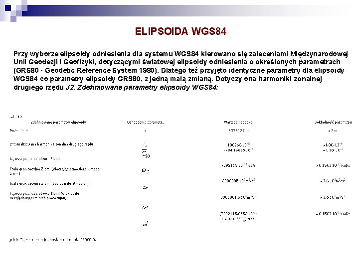 ELIPSOIDA WGS 84 Przy wyborze elipsoidy odniesienia dla systemu WGS 84 kierowano się zaleceniami