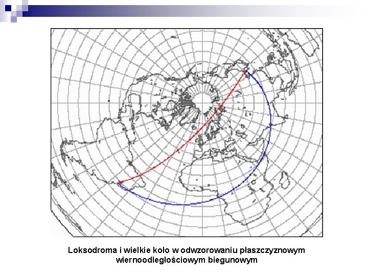 Loksodroma i wielkie koło w odwzorowaniu płaszczyznowym wiernoodległościowym biegunowym 