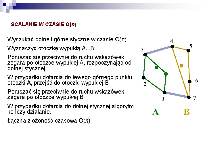 SCALANIE W CZASIE O(n) Wyszukać dolne i górne styczne w czasie O(n) Wyznaczyć otoczkę