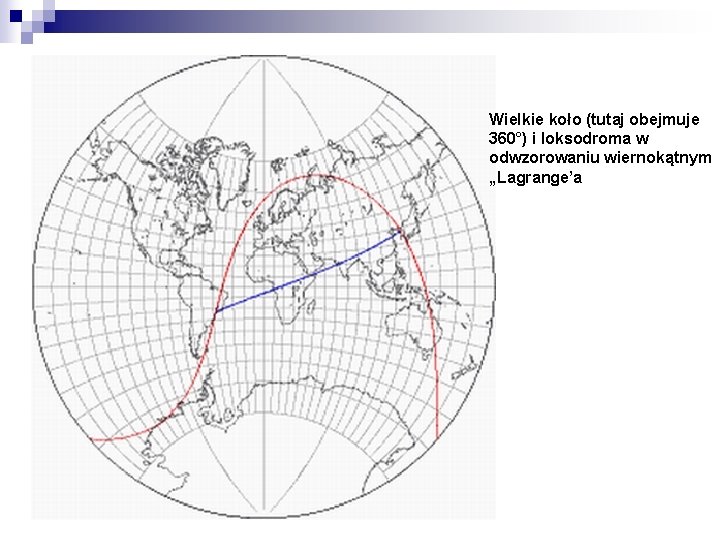 Wielkie koło (tutaj obejmuje 360°) i loksodroma w odwzorowaniu wiernokątnym „Lagrange’a 