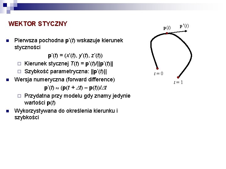 WEKTOR STYCZNY n n n Pierwsza pochodna p’(t) wskazuje kierunek styczności p’(t) = (x’(t),