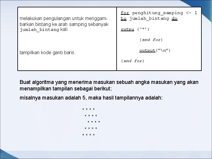 melakukan pengulangan untuk menggambarkan bintang ke arah samping sebanyak jumlah_bintang kali for penghitung_samping <-