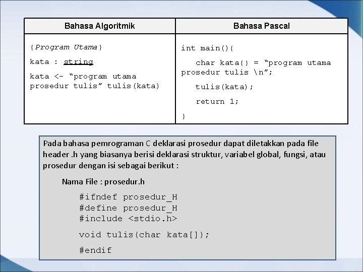 Bahasa Algoritmik Bahasa Pascal {Program Utama} int main(){ kata : string char kata{} =