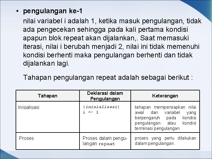  • pengulangan ke-1 nilai variabel i adalah 1, ketika masuk pengulangan, tidak ada