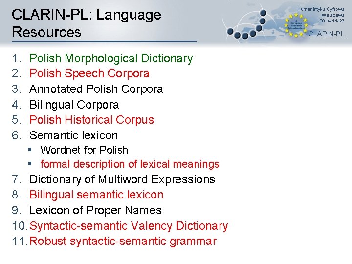 CLARIN-PL: Language Resources 1. 2. 3. 4. 5. 6. Polish Morphological Dictionary Polish Speech