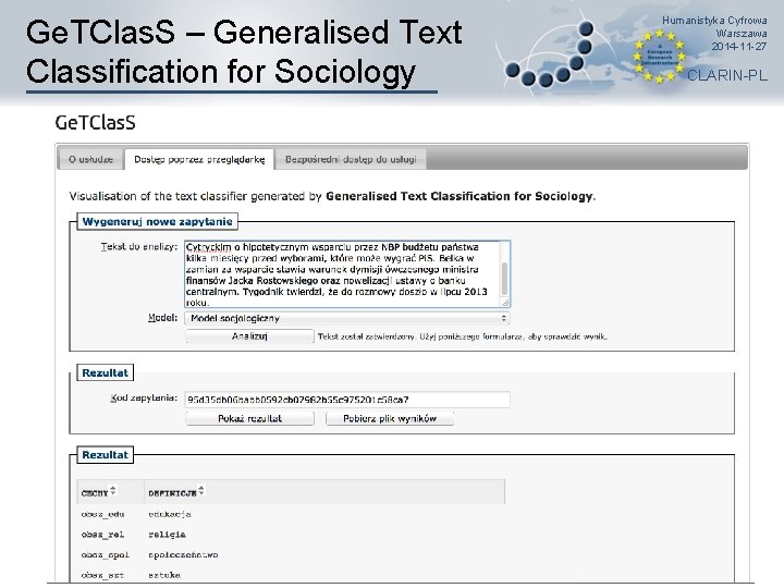 Ge. TClas. S – Generalised Text Classification for Sociology Humanistyka Cyfrowa Warszawa 2014 -11