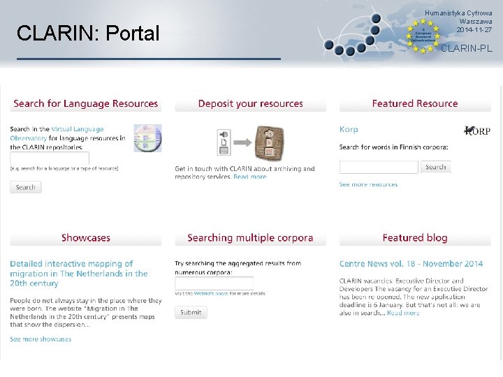 CLARIN: Portal Humanistyka Cyfrowa Warszawa 2014 -11 -27 CLARIN-PL 