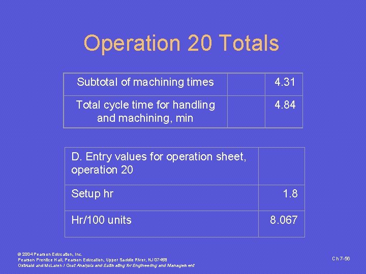 Operation 20 Totals Subtotal of machining times 4. 31 Total cycle time for handling