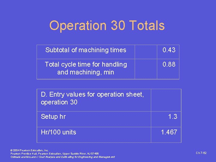 Operation 30 Totals Subtotal of machining times 0. 43 Total cycle time for handling