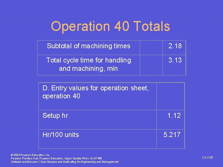 Operation 40 Totals Subtotal of machining times 2. 18 Total cycle time for handling