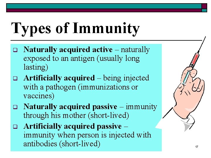 Types of Immunity q q Naturally acquired active – naturally exposed to an antigen