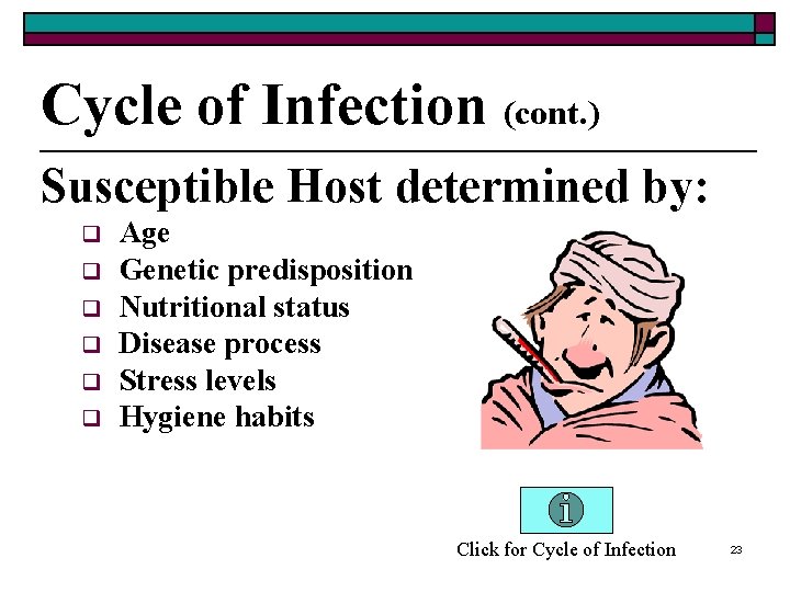 Cycle of Infection (cont. ) Susceptible Host determined by: q q q Age Genetic