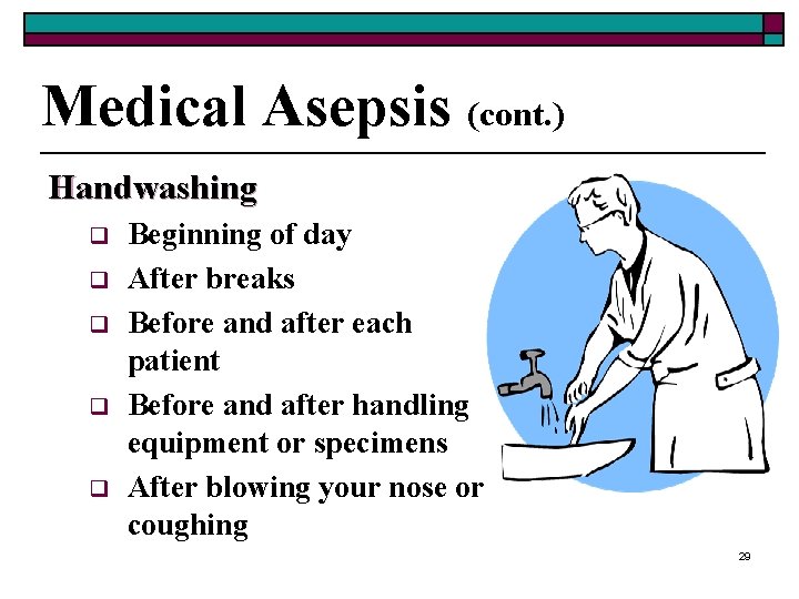 Medical Asepsis (cont. ) Handwashing q q q Beginning of day After breaks Before