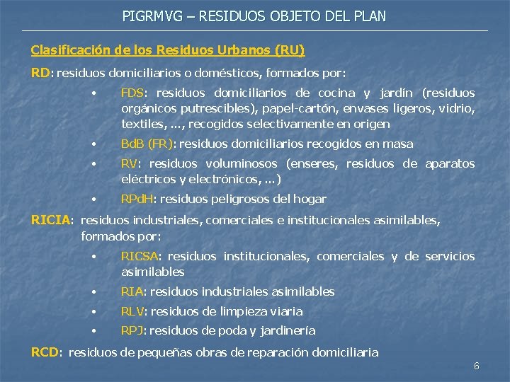 PIGRMVG – RESIDUOS OBJETO DEL PLAN Clasificación de los Residuos Urbanos (RU) RD: residuos