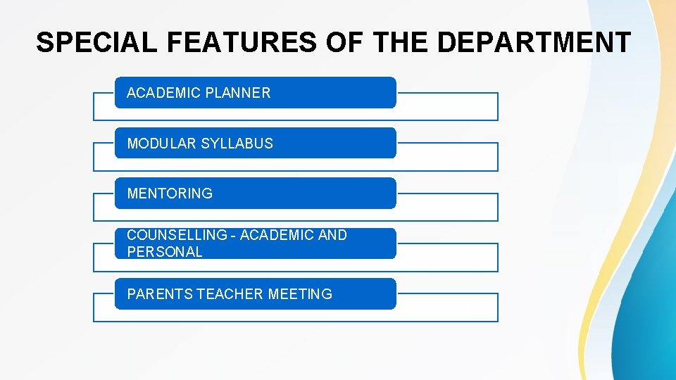 SPECIAL FEATURES OF THE DEPARTMENT ACADEMIC PLANNER MODULAR SYLLABUS MENTORING COUNSELLING - ACADEMIC AND