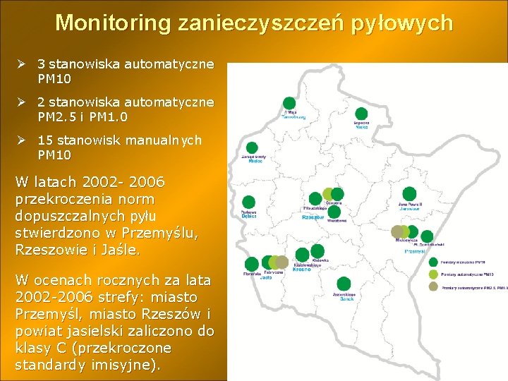 Monitoring zanieczyszczeń pyłowych Ø 3 stanowiska automatyczne PM 10 Ø 2 stanowiska automatyczne PM