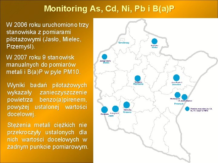 Monitoring As, Cd, Ni, Pb i B(a)P W 2006 roku uruchomiono trzy stanowiska z