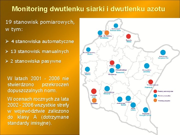 Monitoring dwutlenku siarki i dwutlenku azotu 19 stanowisk pomiarowych, w tym: Ø 4 stanowiska