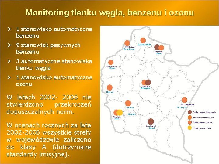 Monitoring tlenku węgla, benzenu i ozonu Ø 1 stanowisko automatyczne benzenu Ø 9 stanowisk