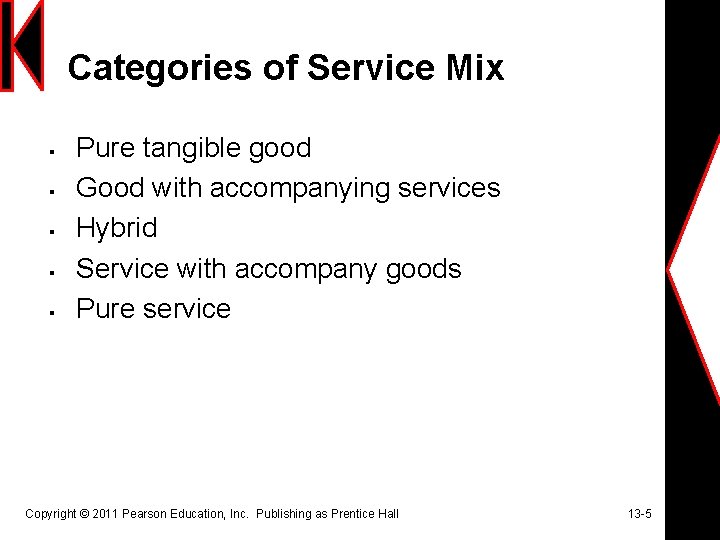 Categories of Service Mix § § § Pure tangible good Good with accompanying services