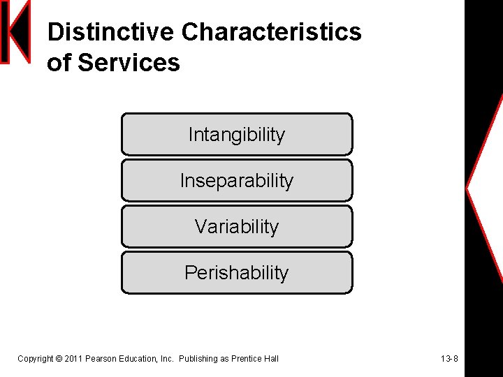 Distinctive Characteristics of Services Intangibility Inseparability Variability Perishability Copyright © 2011 Pearson Education, Inc.