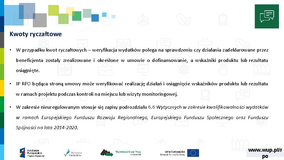 Kwoty ryczałtowe • W przypadku kwot ryczałtowych – weryfikacja wydatków polega na sprawdzeniu czy