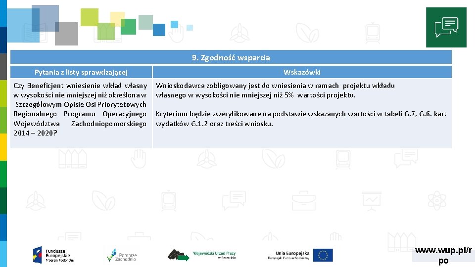 9. Zgodność wsparcia Pytania z listy sprawdzającej Czy Beneficjent wniesienie wkład własny w wysokości