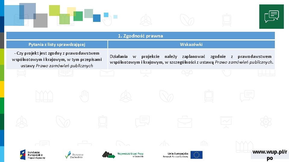 1. Zgodność prawna Pytania z listy sprawdzającej Wskazówki ‐ Czy projekt jest zgodny z