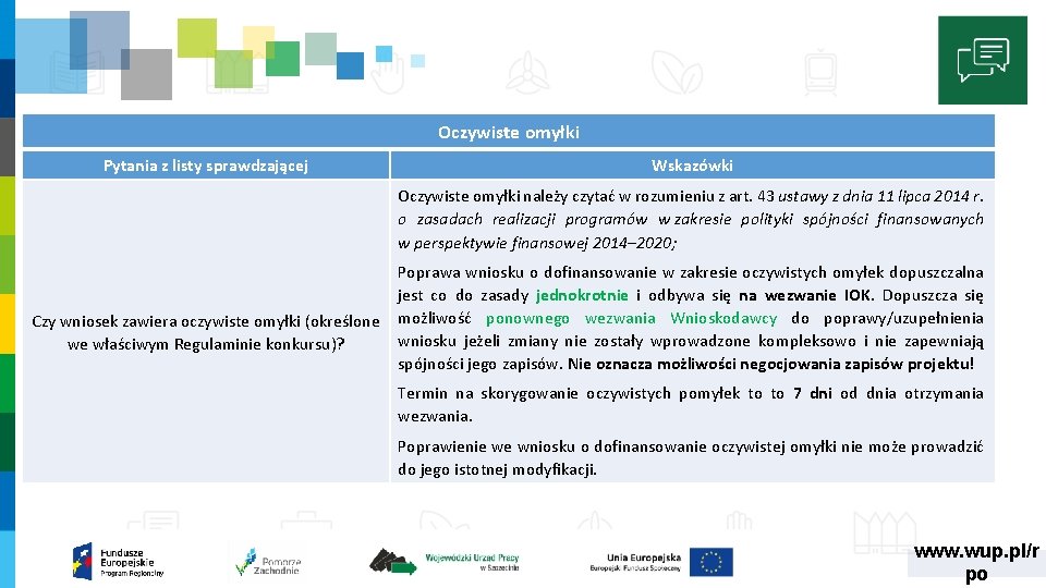 Oczywiste omyłki Pytania z listy sprawdzającej Wskazówki Oczywiste omyłki należy czytać w rozumieniu z