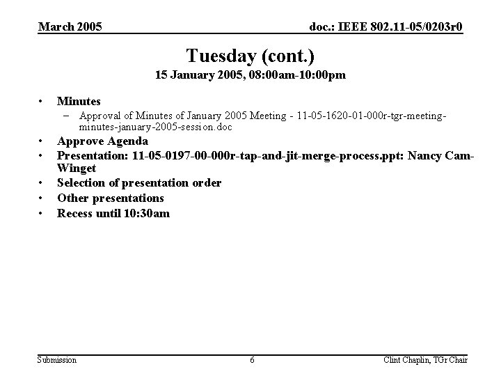March 2005 doc. : IEEE 802. 11 -05/0203 r 0 Tuesday (cont. ) 15