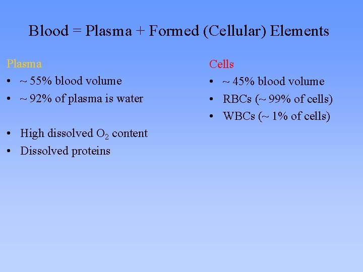 Blood = Plasma + Formed (Cellular) Elements Plasma • ~ 55% blood volume • Blood = Plasma + Formed (Cellular) Elements Plasma • ~ 55% blood volume •