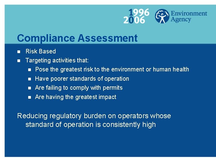 Compliance Assessment g Risk Based g Targeting activities that: g Pose the greatest risk