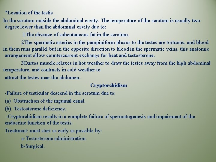 *Location of the testis In the scrotum outside the abdominal cavity. The temperature of *Location of the testis In the scrotum outside the abdominal cavity. The temperature of