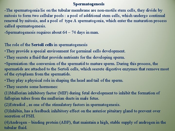 Spermatogenesis -The spermatogonia lie on the tubular membrane are non-motile stem cells, they divide