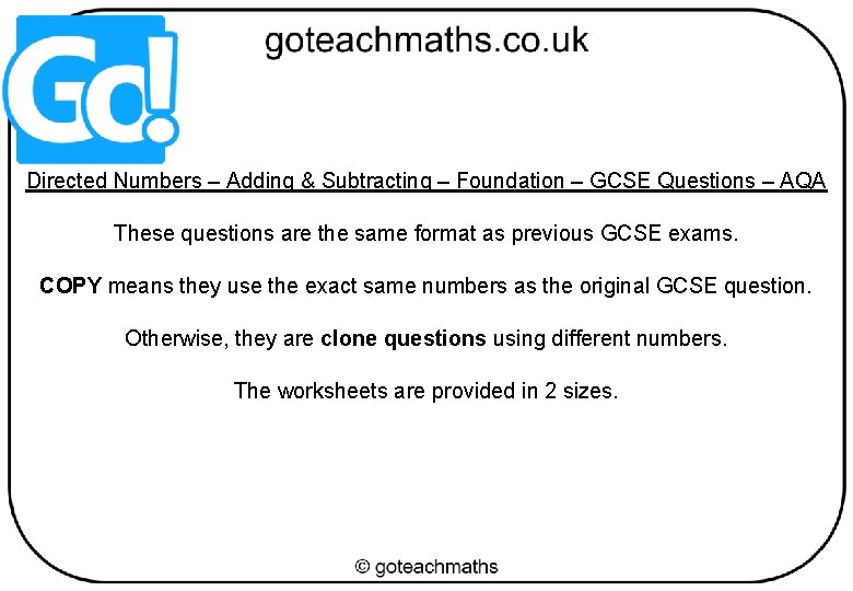 Directed Numbers – Adding & Subtracting – Foundation – GCSE Questions – AQA These