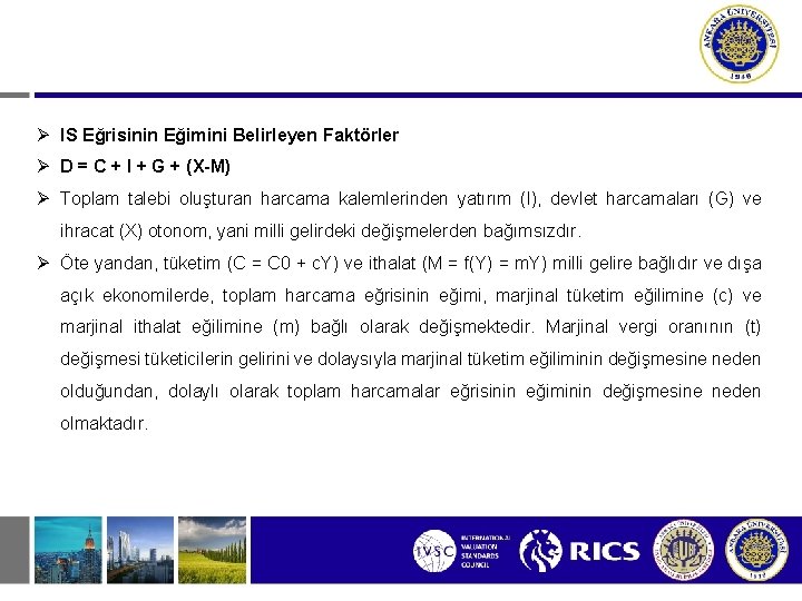  IS Eğrisinin Eğimini Belirleyen Faktörler D = C + I + G +