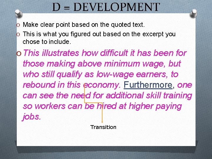 D = DEVELOPMENT O Make clear point based on the quoted text. O This