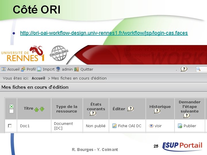 Côté ORI l http: //ori-oai-workflow-design. univ-rennes 1. fr/workflow/jsp/login-cas. faces R. Bourges - Y. Colmant