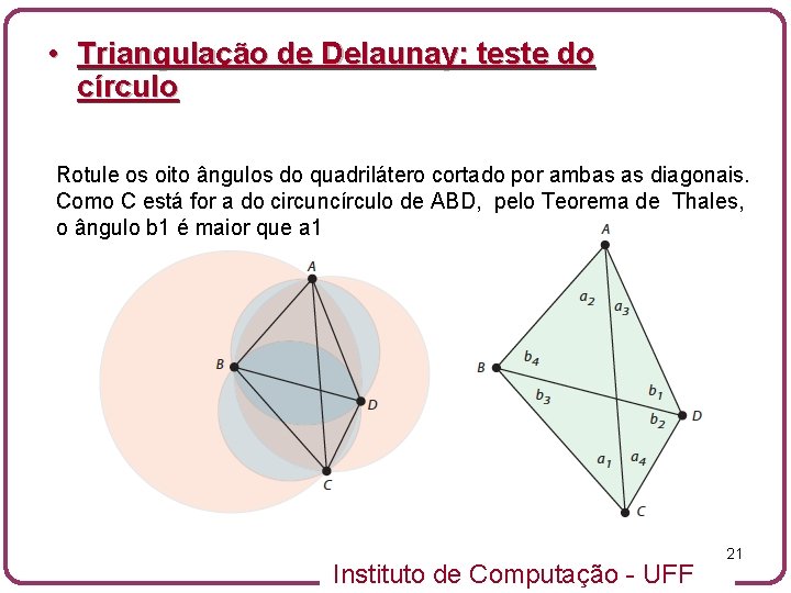  • Triangulação de Delaunay: teste do círculo Rotule os oito ângulos do quadrilátero