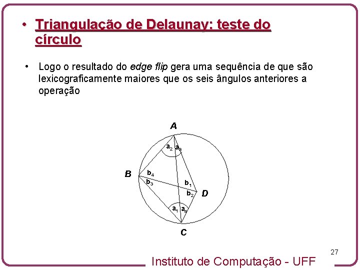  • Triangulação de Delaunay: teste do círculo • Logo o resultado do edge