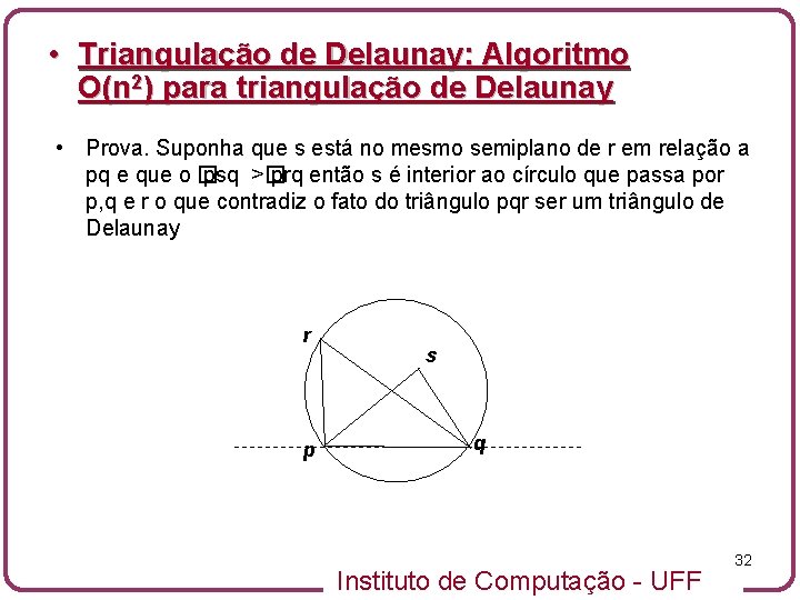  • Triangulação de Delaunay: Algoritmo O(n 2) para triangulação de Delaunay • Prova.