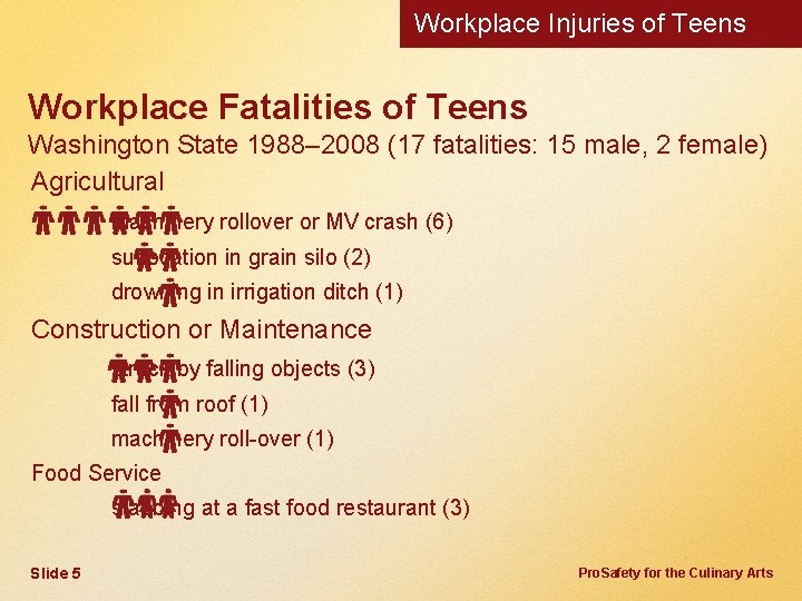 Workplace Injuries of Teens Workplace Fatalities of Teens Washington State 1988– 2008 (17 fatalities: